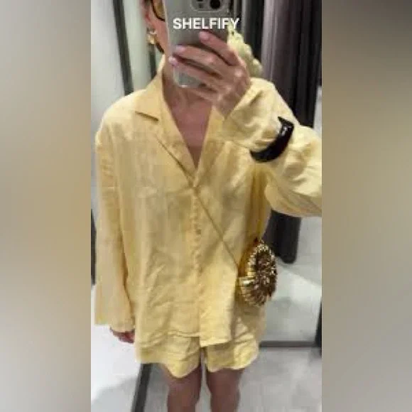 Zara 100% Linen ZW Collection Pastel Yellow Shirt NWT Size Small - Picture 12 of 12